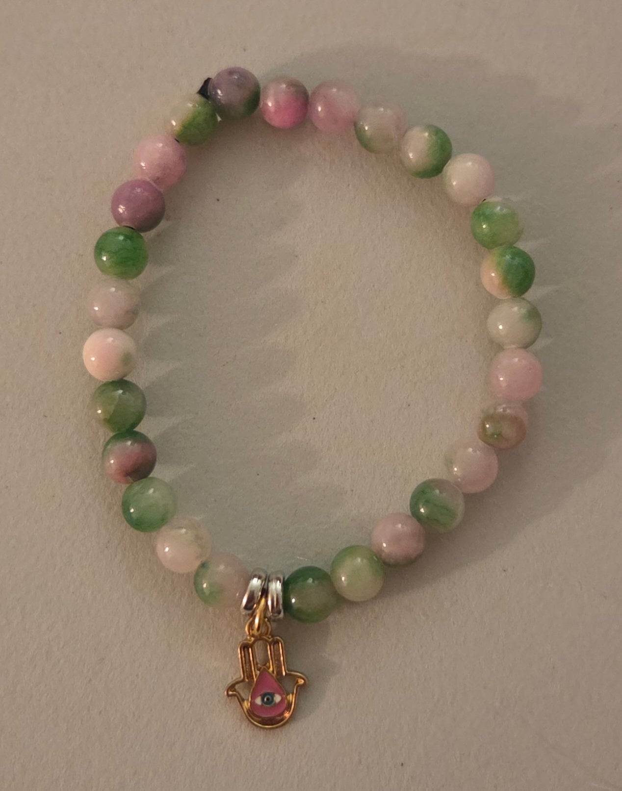 Pink Green Jade bracelet with Hamsa 🪬 evil eye charm