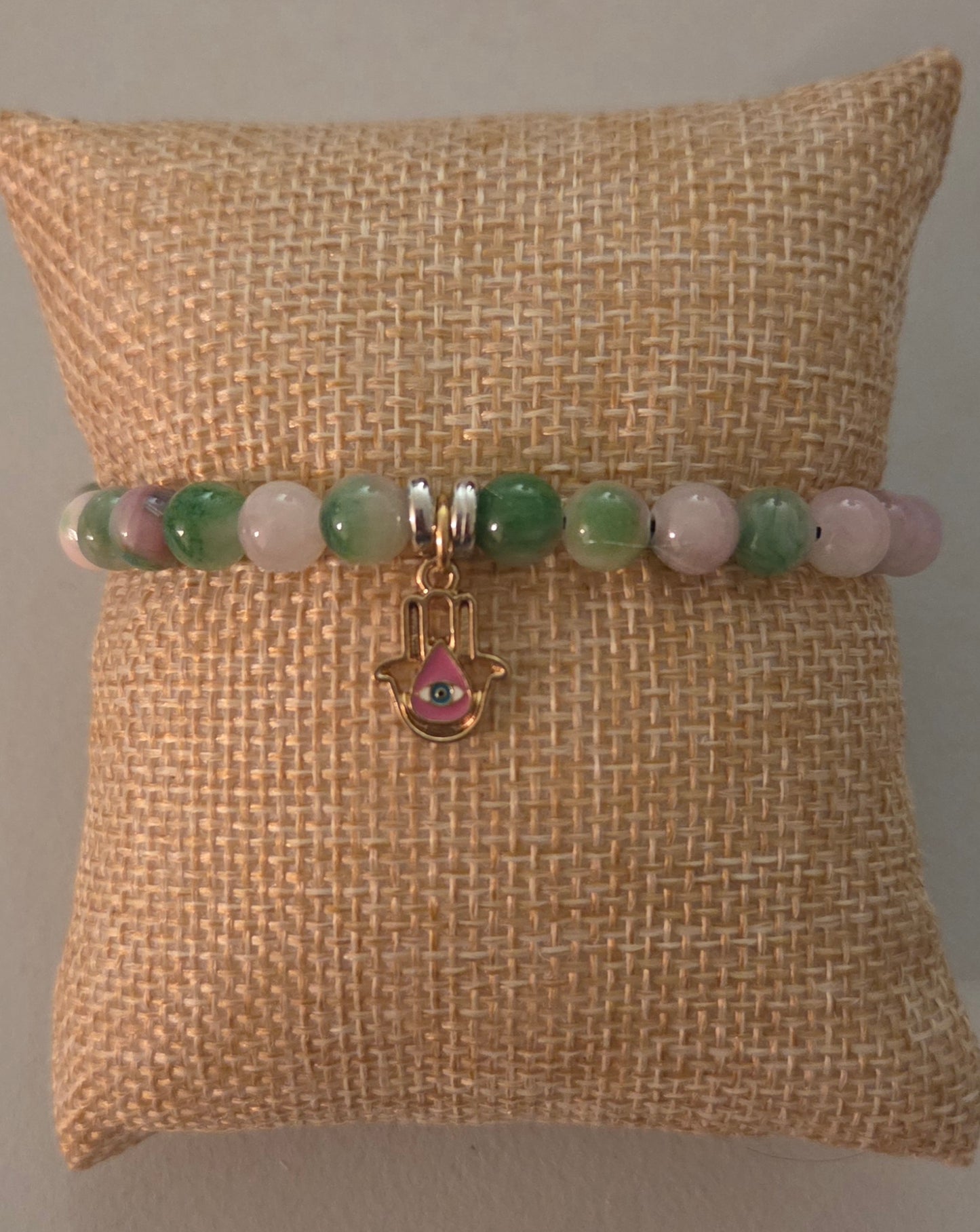 Pink Green Jade bracelet with Hamsa 🪬 evil eye charm
