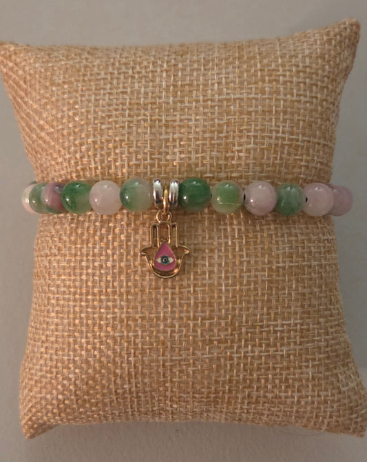 Pink Green Jade bracelet with Hamsa 🪬 evil eye charm