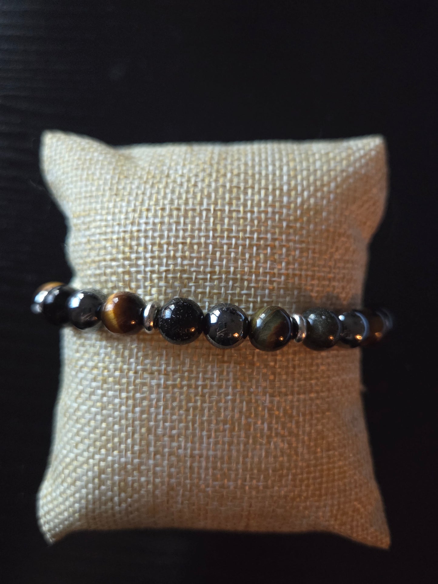Triple Strength bracelet Tigers eye, Hematite, and Gold Sheen Obsidian with silver accents