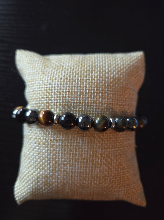 Triple Strength bracelet Tigers eye, Hematite, and Gold Sheen Obsidian with silver accents