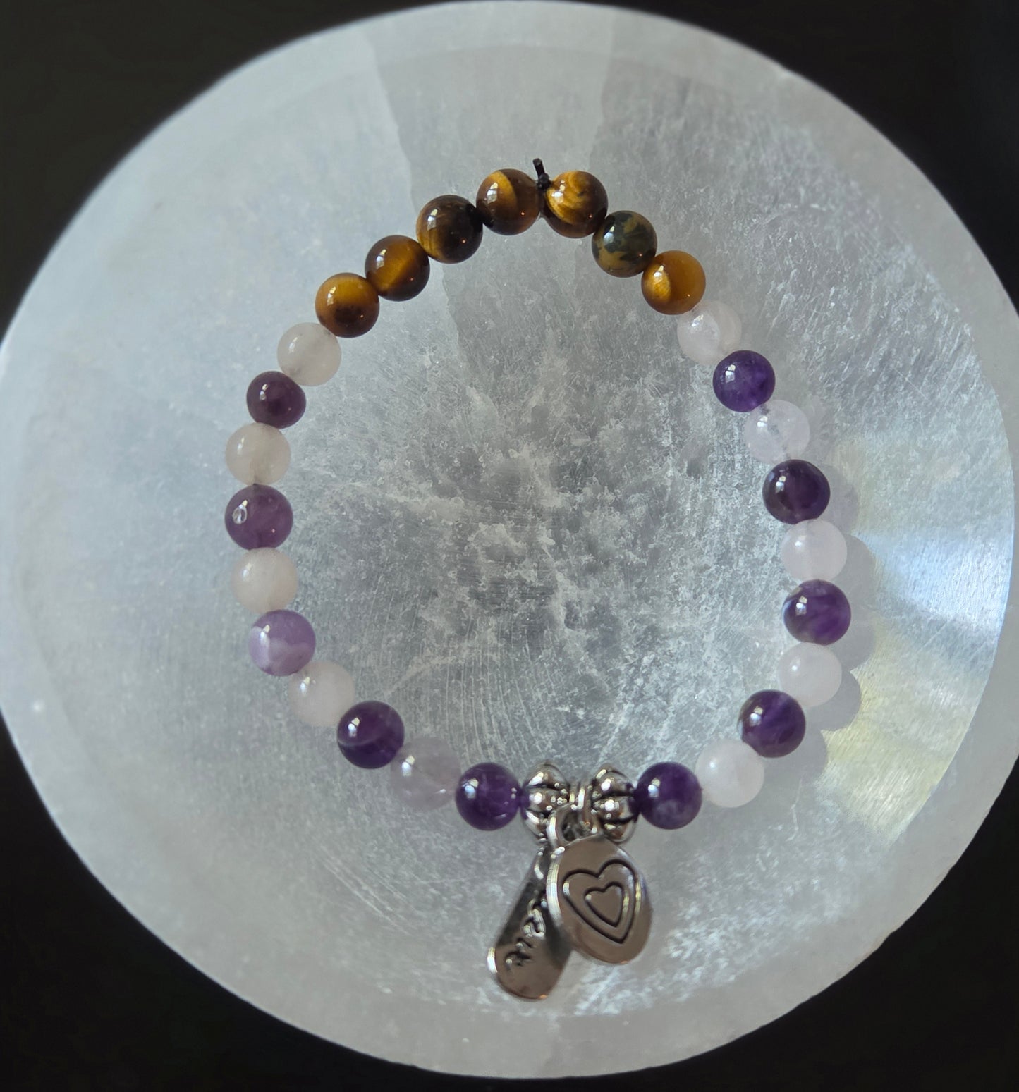 Rose Quartz, Amethyst, and Tigers Eye with charms