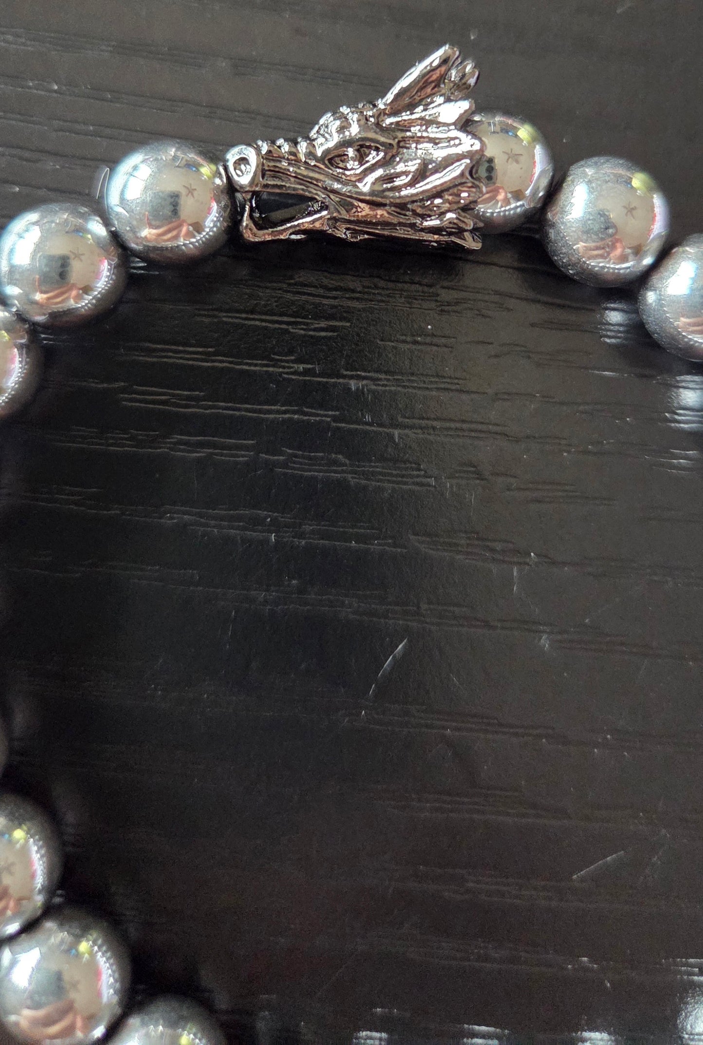 Hematite bracelet with Dragon head charm 8mm beads