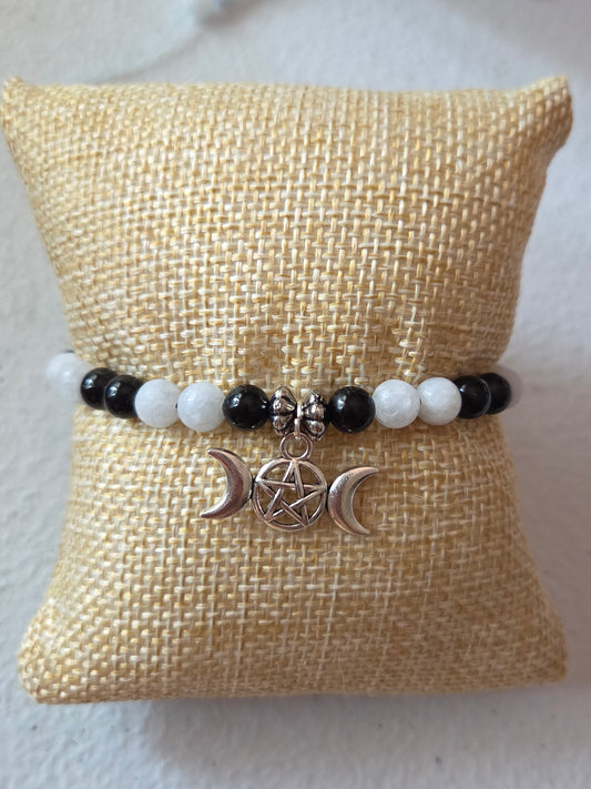 Celestite and Onyx with triple moon pentagram charm