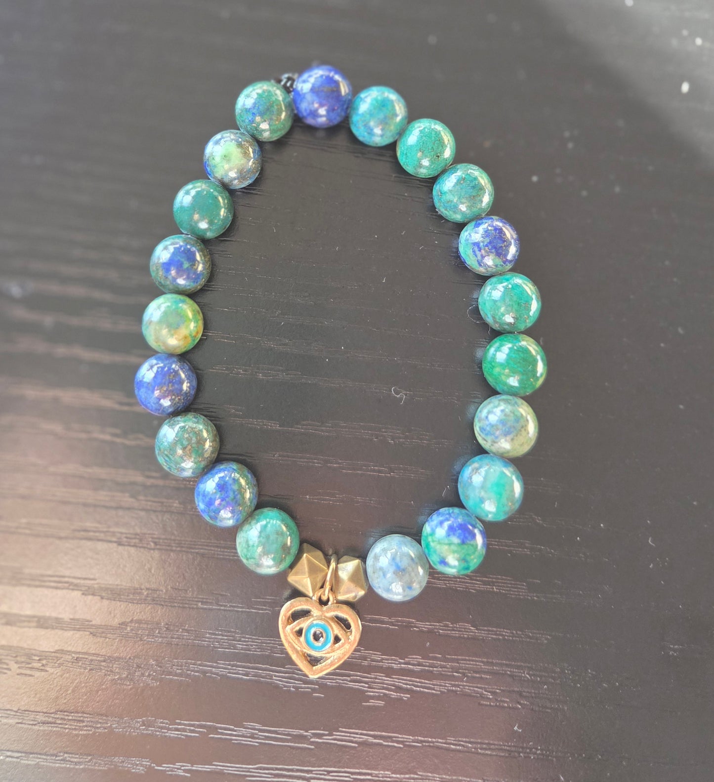 Chrysocolla and Azurite in Lapis with evil eye charm