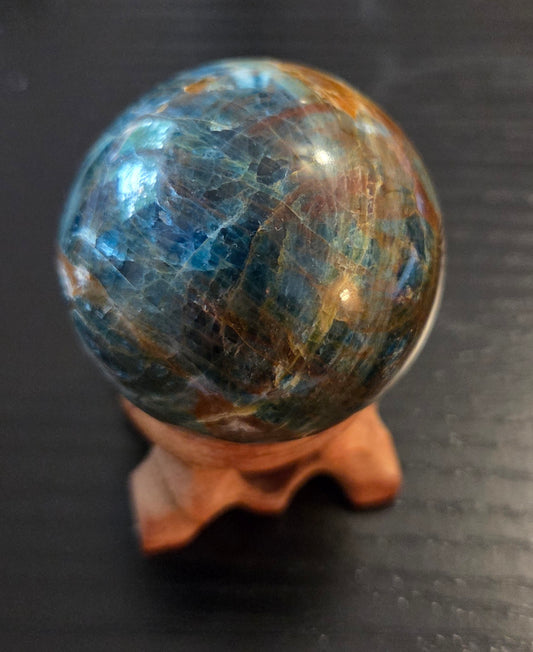 Small Blue Apatite sphere with Rosewood stand