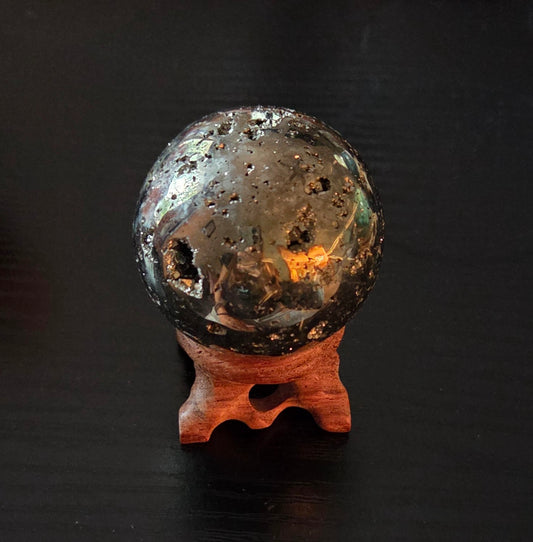 Pyrite small sphere with Rosewood stand